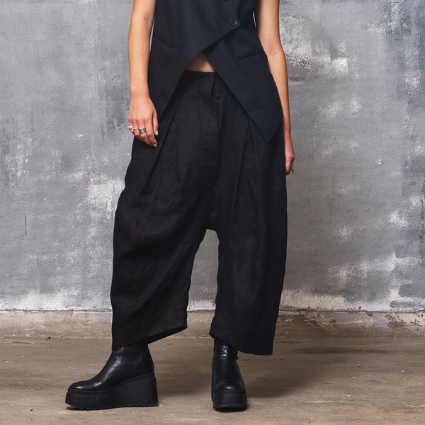 Leinenhose schwarze Pumphose Frauen, Baggy Hose mit tiefem Schritt für Frauen