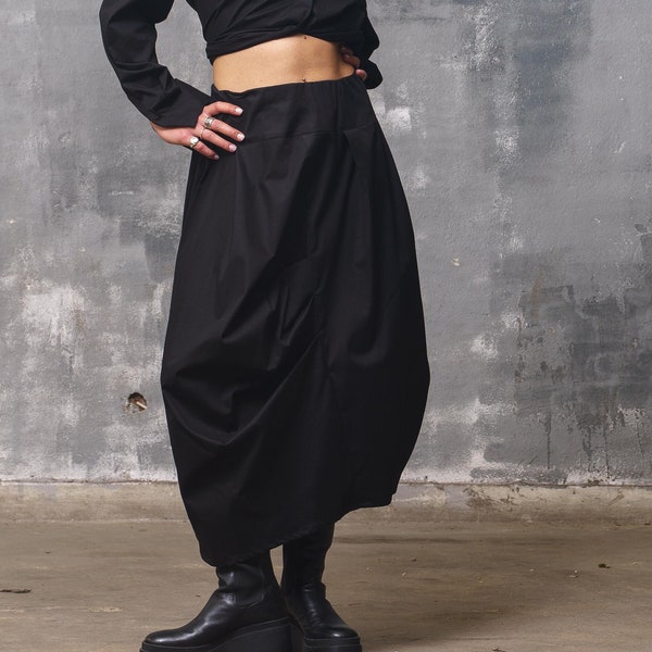 Asymmetrical black cotton skirt midi skirt, Avant garde clothing, Extravagant fall skirt Slow fashion, Capsule wardrobe Sustainable clothing