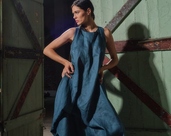 Petroleum blue summer linen maxi dress, Asymmetrical kaftan, Linen boho dress, Sustainable linen clothing, Slow fashion