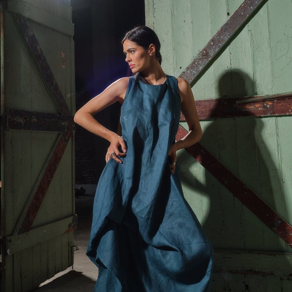 Petroleum blue summer linen maxi dress, Asymmetrical kaftan, Linen boho dress, Sustainable linen clothing, Slow fashion, Plus sizes