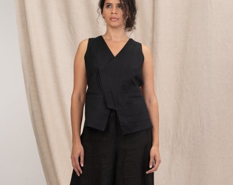 Black linen waistcoat women avant garde clothing, Linen vest women bare back, Linen clothing