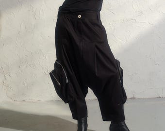 Black avant garde cotton baggy pants with zipper cargo pockets, Drop crotch pants women, Extravagant harem trousers, Plus sizes available