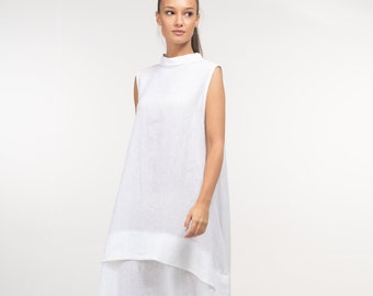 Robe caftan d'été en lin blanc, robe bohème asymétrique en lin, vêtements en lin, grandes tailles disponibles, robe de maternité ample avant-gardiste