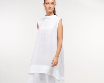 Robe caftan d'été en lin blanc, robe bohème asymétrique en lin, vêtements en lin, grandes tailles disponibles, robe de maternité ample avant-gardiste