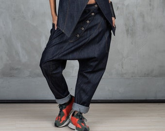 Denim Haremshose Frauen, Blaue baggy Jeans Frauen, Locker sitzende Hose Avantgarde Kleidung für Frauen