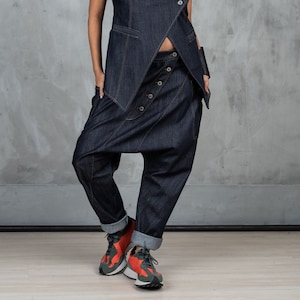 Denim harem pants women, Blue baggy denim pants women, Loose fitting pants avant garde clothing for women