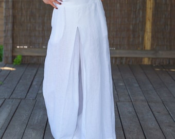 White wide leg linen pants women, Linen palazzo pants linen clothing, Skirt - pants women