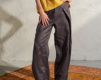 Donkergrijze linnen broek met wijde pijpen dames, avant-garde zijomslagbroek, biologische linnen kleding, grote maten beschikbaar, Palazzo-broek dames