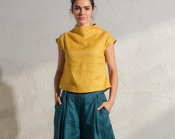 Summer linen top in mustard color, Avant garde clothing, Organic sleeveless linen blouse, Womens boho linen top, Plus sizes available