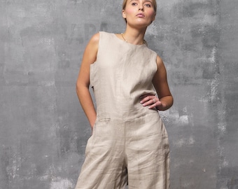 Soft beige linen jumpsuit womes,  Extravagant wide leg overalls, Summer boho romper, Plus sizes available, Loose fit overalls, Slow fashion