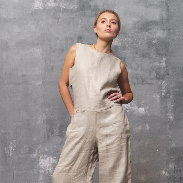 Soft beige linen jumpsuit womes,  Extravagant wide leg overalls, Summer boho romper, Plus sizes available, Loose fit overalls, Slow fashion