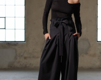 READY TO SHIP - maat XL in zwarte wollen broek met wijde pijpen: chique broek met hoge taille