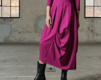 Handmade Asymmetric Midi Dress, Avant Garde Fuchsia Winter Dress
