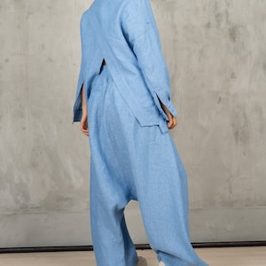 Extravagant Drop Crotch pants, Blue Linen Harem Pants, Linen Pants Women, Loose Harem Pants, Pants With Pockets image 2