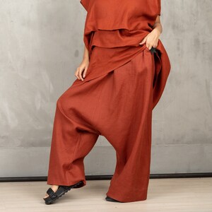 Extravagant Drop Crotch pants, Blue Linen Harem Pants, Linen Pants Women, Loose Harem Pants, Pants With Pockets Brick Red