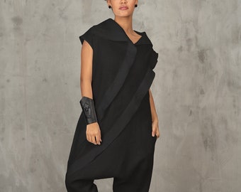 Avant garde linen jumpsuit womens, Black drop crotch overalls, Extravagant linen clothing, Plus sizes available, Casual low crotch romper