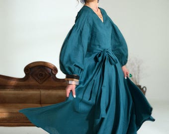 Linen Wrap Maxi Dress, Puff Sleeve Linen Dress, Petrol blue Dress, Balloon Sleeve Dress, V Neck Summer Dress, Organic clothing, XS-6XL
