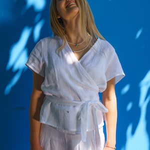 White Summer Linen Wrap Top, Sustainable clothing, Beach Coverup Linen Blouse