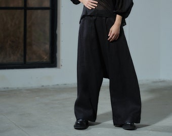 Black Linen Harem Pants, Drop Crotch Boho Style, Plus Size Clothing