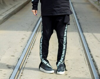 Extravagant Pants With Printed Bands / Loose Casual Black Drop Crotch Harem Pants /  Both Sides Zipper Pockets / Casual Pants / Unique Pants