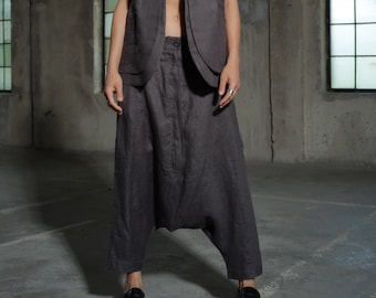 Avantgarde dunkelgraue Leinen Haremshose Frauen, Leinen Kleidung, Leinenhose mit tiefem Schritt, Urbane Baggyhose, Slow fashion, Kapselgarderobe