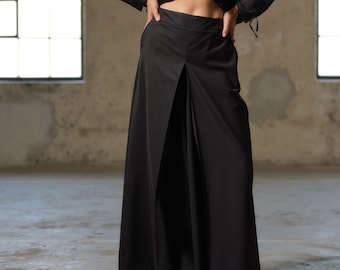 Pantalon large noir en laine pour femme, pantalon palazzo avant-gardiste en laine mérinos, jupe extravagante - pantalon femme, vêtements d'automne et mode lente