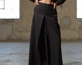 Black wide leg wool pants women, Avant garde merino wool palazzo pants, Extravagant skirt pants women, Fall clothing, Plus sizes available