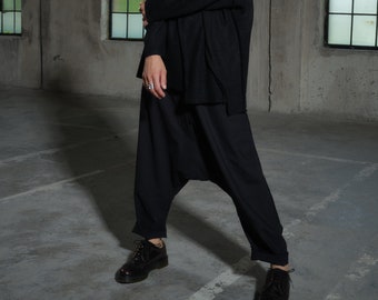 Avant garde merino wool drop crotch pants with asymmetrical details, Black harem pants women's, Baggy winter pants, Plus sizes available