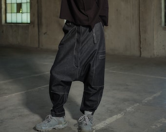 Avant garde denim harem pants with asymmetrical Details, Drop crotch pants women, Black cotton baggy pants