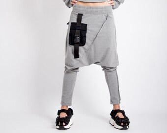 Organic harem pants women, Cotton gray elastic waist pants, Capri harem pants women, Drop crotch pants, Sailor pants