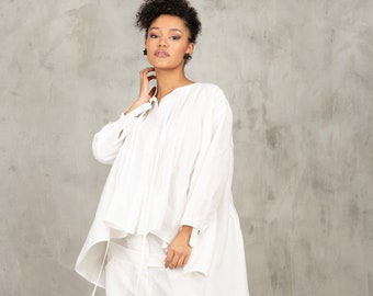 White linen blouse women long sleeve linen shirt women, Asymmetrical linen top plus size clothing for women, Oversized shirt women