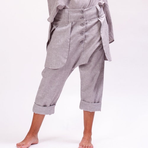 Striped linen harem pants women, Organic clothing navy pants for women, Striped capri harem pants women, Loose fitting pants women