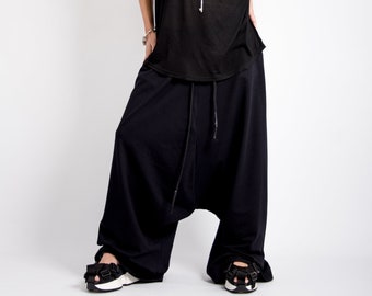 Lässige Haremshose Frauen, Schwarze Hose mit tiefem Schritt, Avantgarde-Kleidung, Harajuku-Hose