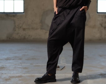 Black avant garde cotton drop crotch pants with asymmetrical buttons, Drop crotch pants women, Urban baggy trousers, Plus sizes available