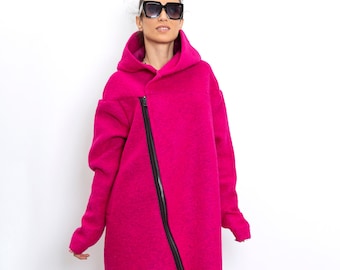 Hood winter coat with asymmetrical zipper, Hooded wool coat women, Asymmetrical ladies coat cyclamen oversized