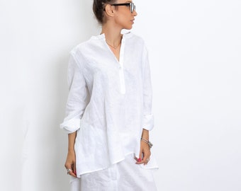 White linen blouse women long sleeve linen shirt women, Womens linen top plus size clothing for women, Oversized shirt women