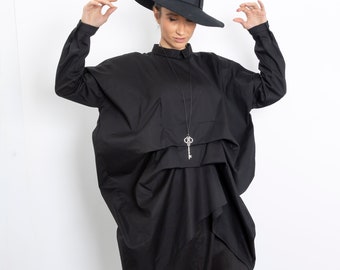 Cotton shirt women black avant garde clothing, long sleeve shirt, Oversized shirt women, Black cotton tunic shirt women