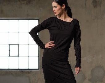 Asymmetrical Black Viscose Bodycon Dress, Plus Size Maxi