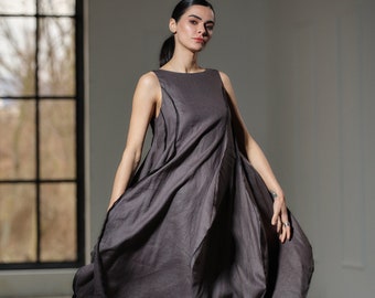 Dark grey asymmetrical dress avant garde clothing women, Summer midi linen extravagant dress, Plus sizes, Linen clothing, Slow fashion
