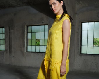 Avant garde linen jumpsuit womens, Yellow  summer drop crotch overalls, Linen clothing, Extravagant harem jumpsuit, Plus sizes available