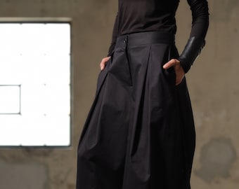 Pantalón falda algodón negro, Pantalón palazzo pierna ancha mujer ropa orgánica, Pantalón negro extravagante con pliegues mujer, Moda slow