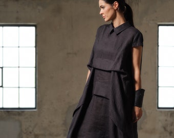 Schwarzes asymmetrisches Kleid, Leinenkleidung, Leinenkleid für Damen, Capsule Garderobe, Leinenkleidung, Slow Fashion