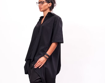Camisa media manga negra mujer mujer, top de algodón mujer, blusa negra mujer