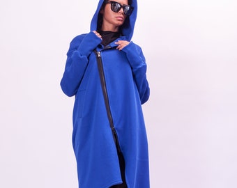 Blue asymmetrical hooded sweatshirt women, Cotton hoodie women plus size clothing, Oversized Sweatshirt women thumb hole hoodie