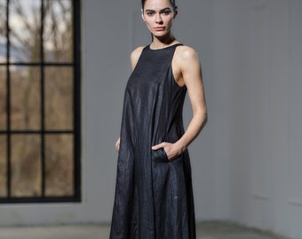 Minimalistic black linen dress, Boho maxi dress, Long summer dress, Linen kaftan, Plus sizes linen clothing, Capsule wardrobe, Slow fashion