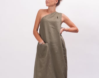 Linen maxi dress avant garde clothing, One shoulder summer dress, linen kaftan dress, Khaki linen clothing for women, Maternity dress