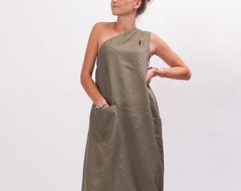 Khaki Linen Maxi Dress: One Shoulder Avant Garde Kaftan