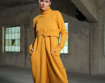Asymmetrical set of two - cotton turtleneck top and drop crotch jumpsuit in mustard color, Organic women's avante garde plus size clothing