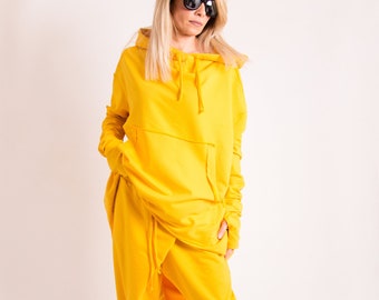 Yellow Set hooded sweatshirt women and harem pants women, Plus size clothing women cotton clothing, Yellow Tracksuit women