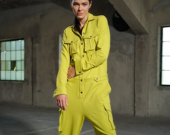 Citroengroene utility jumpsuit dames, Baggy jumpsuit met cargozakken, Casual overalls,